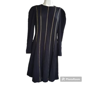 Vintage Junnie Leigh Black Gold Striped 100% Wool Midi Dress Size 6